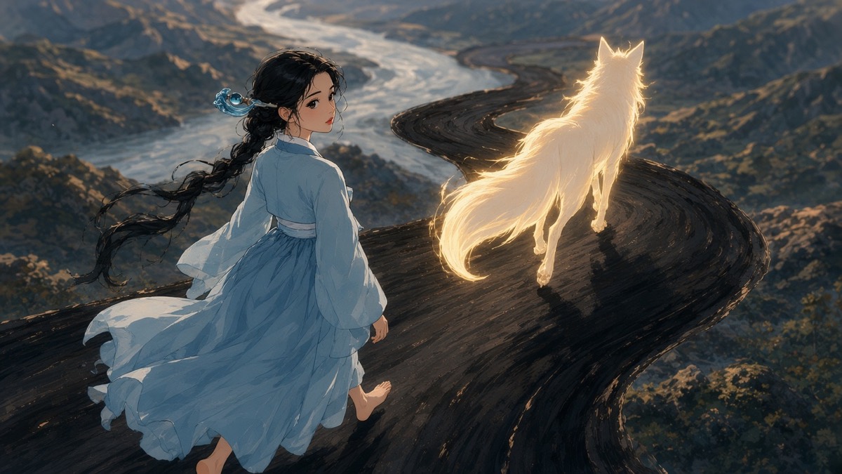 OTS: Yuhwa follows the sun-fox south along the Amnok, bare feet, dusty ice-blue