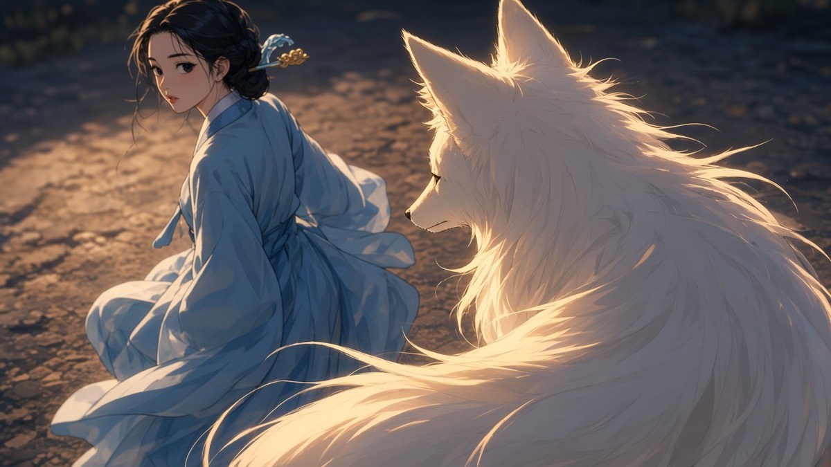 The sun-fox looks back once from the packed earth, Yuhwa still sitting