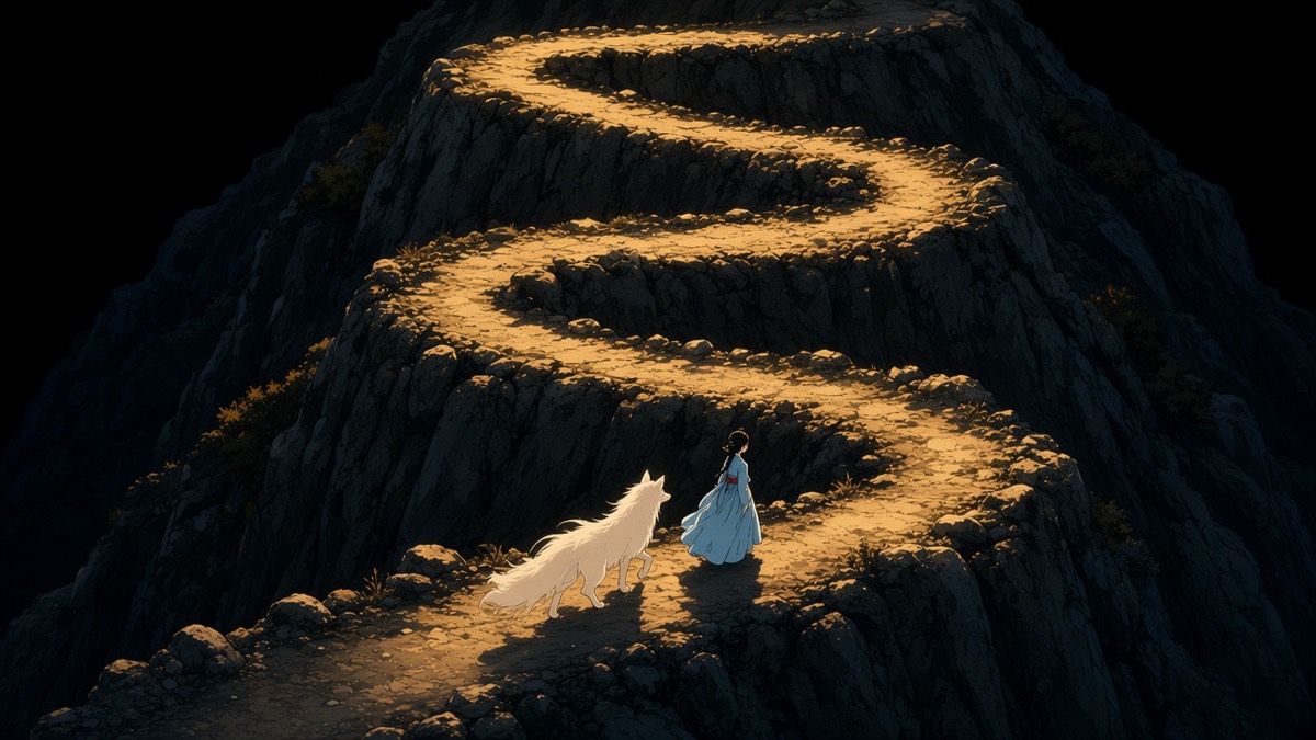 Bird’s-eye: a pass of bare stone, Yuhwa smaller than the ridge, the fox a pale stamp on the switchback