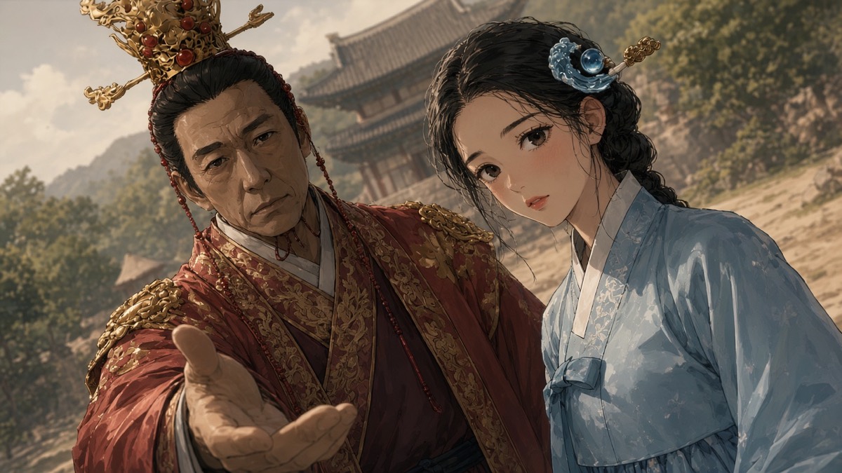 Dutch two-shot: Geumwa offers the room; Yuhwa still dusty, ice-blue, not kneeling as a plea