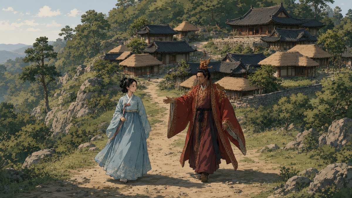 Palace path: Geumwa in red-burgundy court silk reaching toward dusty Yuhwa; the fox already gone