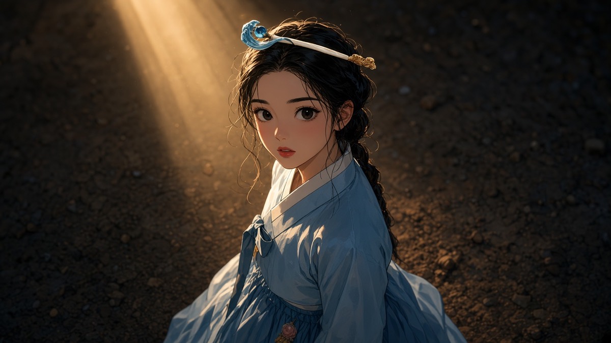 Worm’s-eye: Yuhwa looks up; a gold light-plane in the cloud, no body