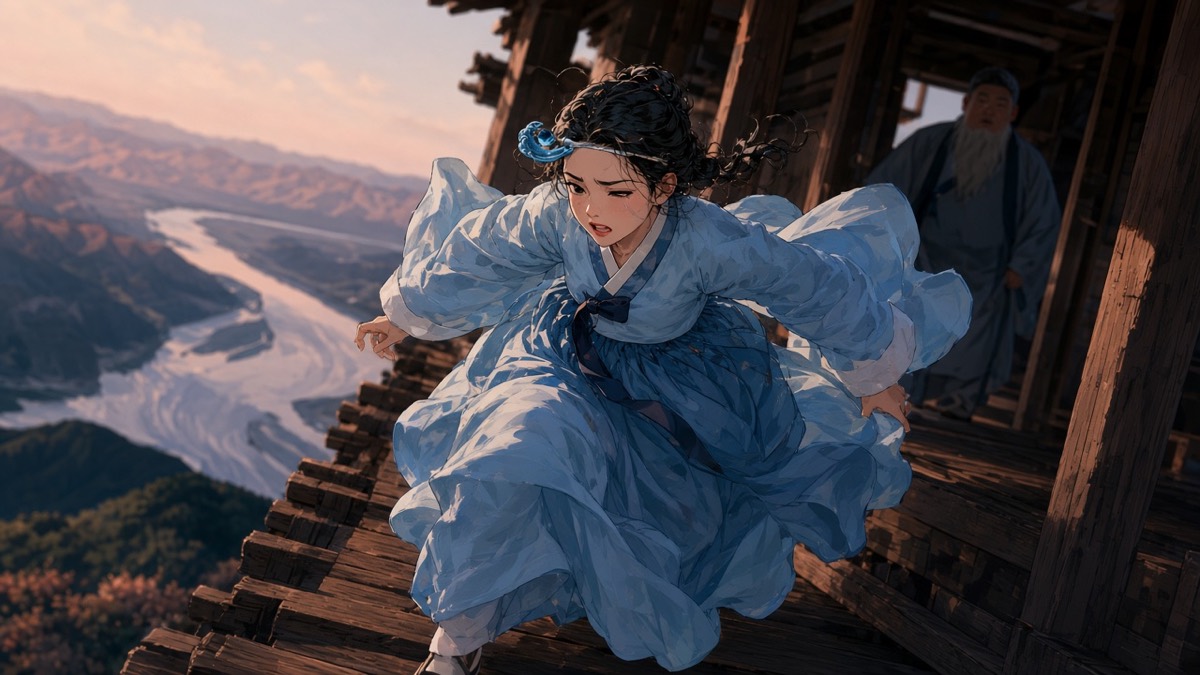 Yuhwa stumbles on the timber walkway, ice-blue silk, river far below
