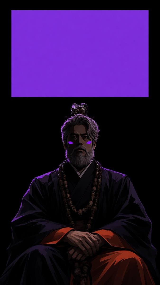 Yumla in a black underworld void, a huge purple judgment-stamp the only rectangle of light