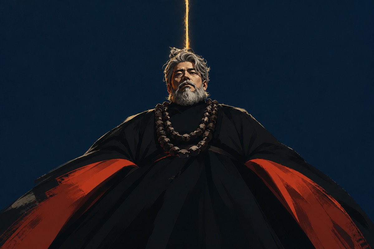 Worm’s-eye view of Yumla as a dark triangular mass of black robe and orange-red sleeves against a flat underworld void
