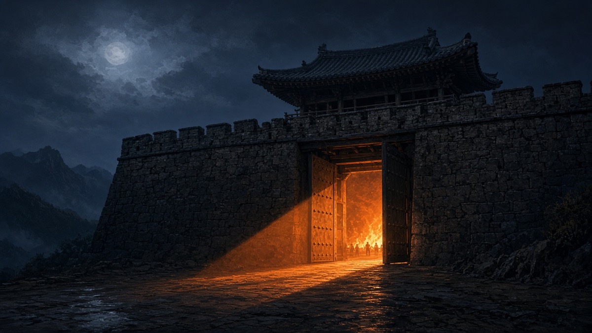 Night assault: fire-light as an orange wedge through Daeya’s real open seongmun — stone, giwa pavilion, timber doors