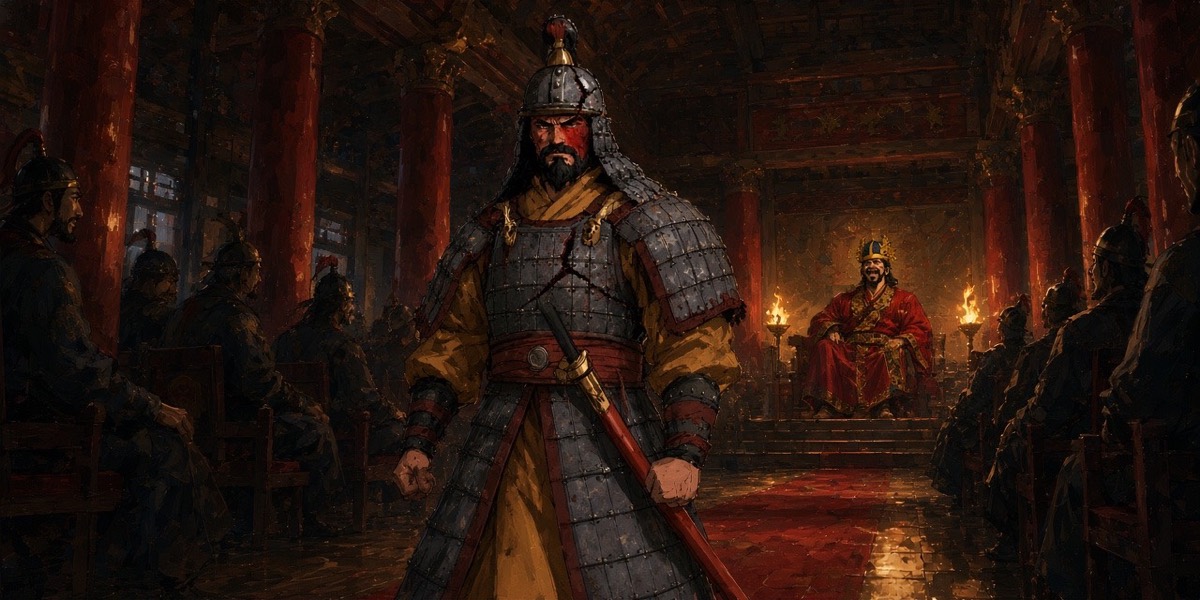 Yunchung walks out down the long hall while King Euija laughs on the dais behind him
