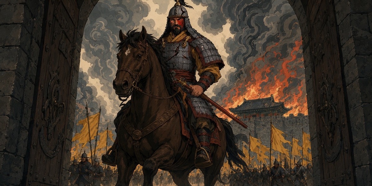 Yunchung rides through the opened gate of Daeya at the head of the Baekje column, the granary burning inside