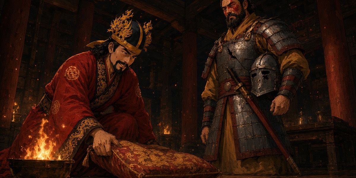 King Euija shoves the good cushion across the floor to General Yunchung, who has not yet decided to sit