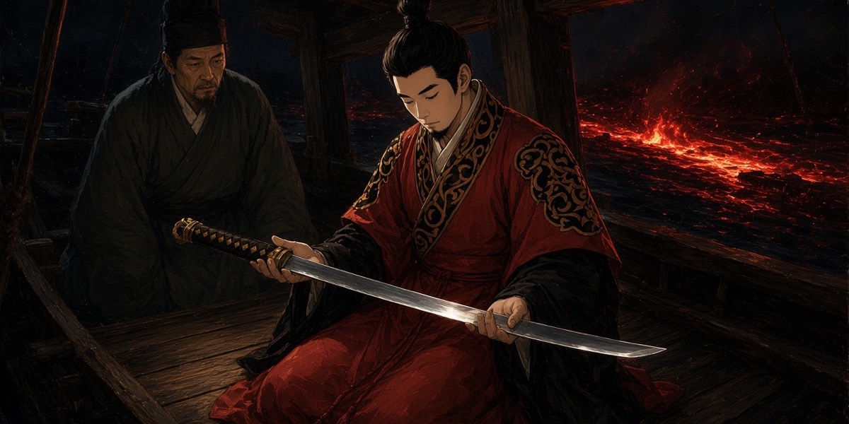 The Pietà on the Tang flagship: Yung kneels with his brother’s worn ring-pommel sword laid across his lap