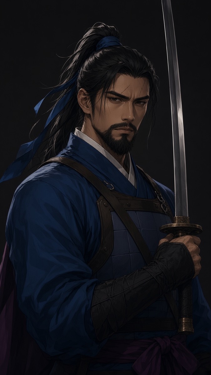 Adult Kim Yushin after Yellow Mountain — Confucian marshal blue, no triumph, only duty. Face fills the frame.