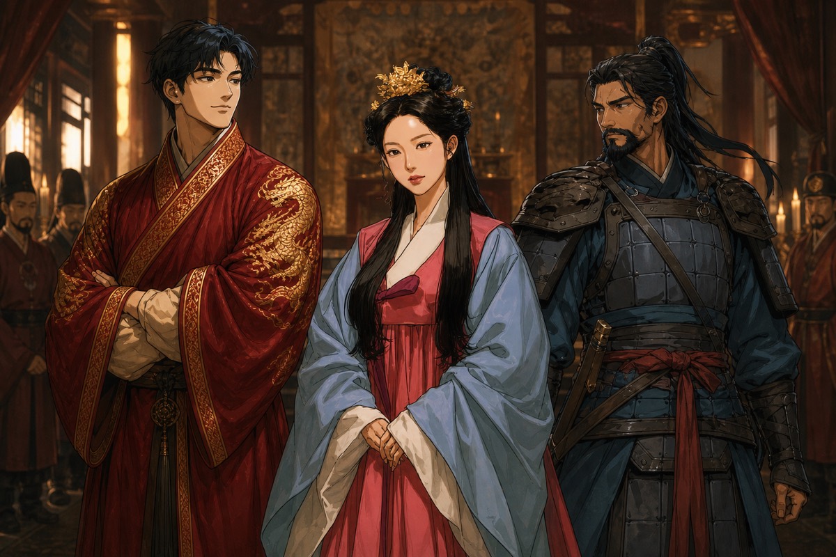 Sketch portraits of Kim Yushin, Kim Chunchu, and Kim Munhee side by side