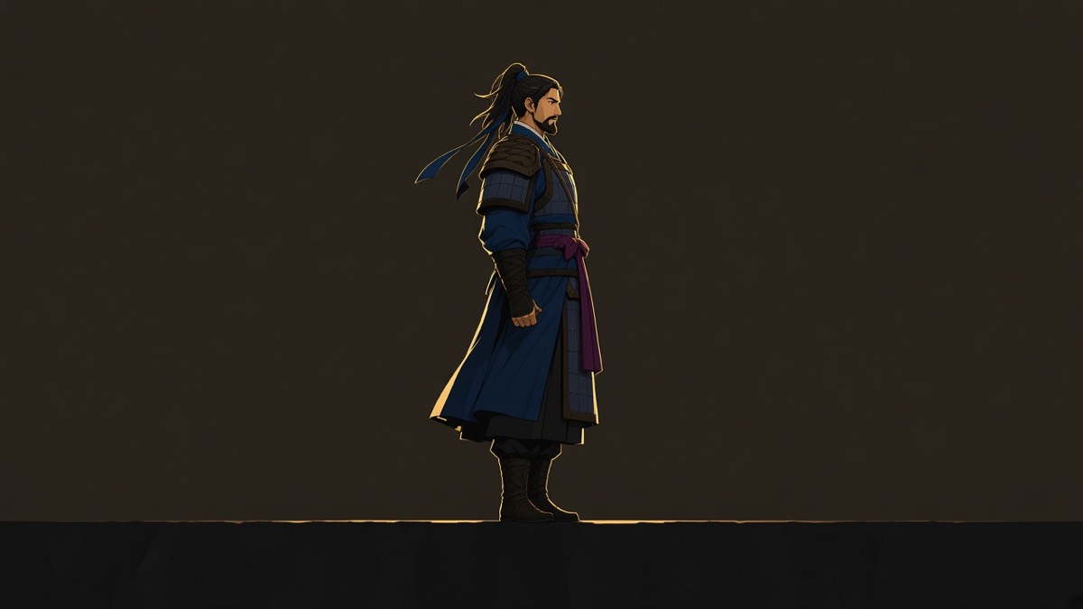 Kim Yushin in profile on a thin ground-line — Confucian-blue silk, purple sash, gold rim-light in a charcoal void