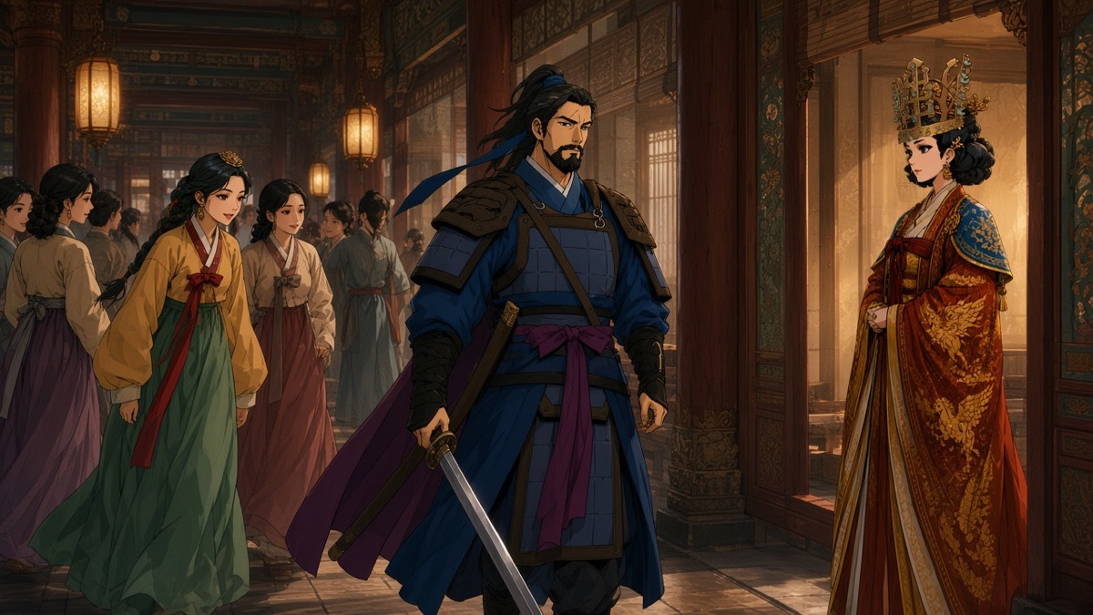 Capital daughters turn as Yushin walks by; he looks only toward Queen Sunduk in the side alcove