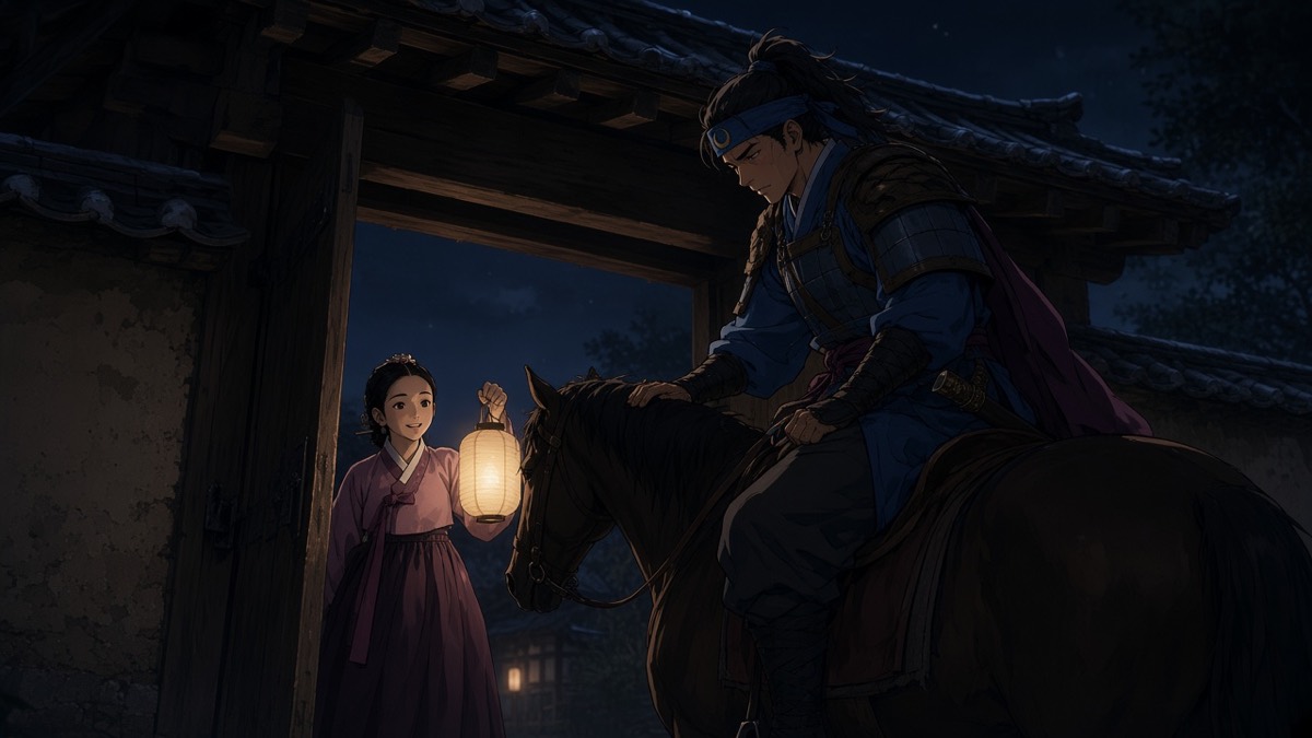 Flashback: seventeen-year-old Yushin waking slumped in the saddle of his bay horse Hanbyul at Cheongwan’s gate, her paper lantern raised, her face glad