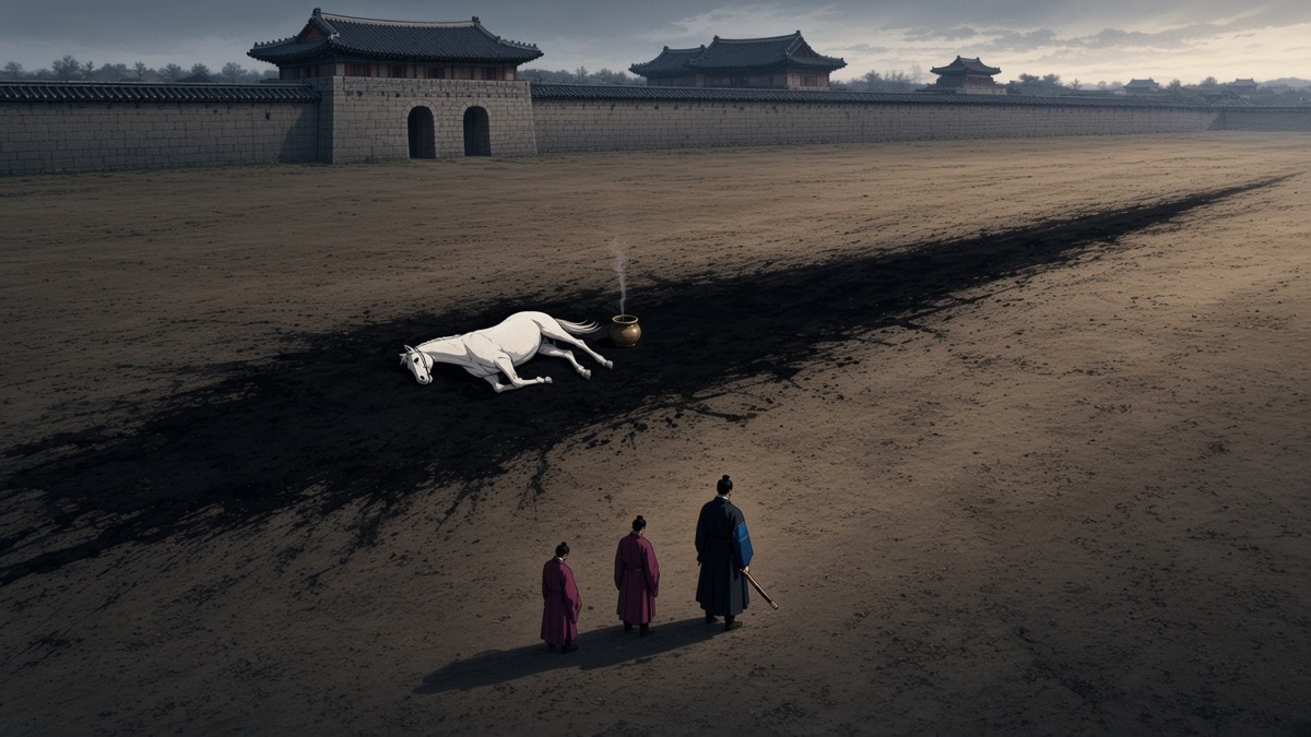Wide: below the Moon Palace’s wall a long black scorch where the star fell, the white horse lying in it, a thin offering smoke rising, Yushin standing alone with his back turned