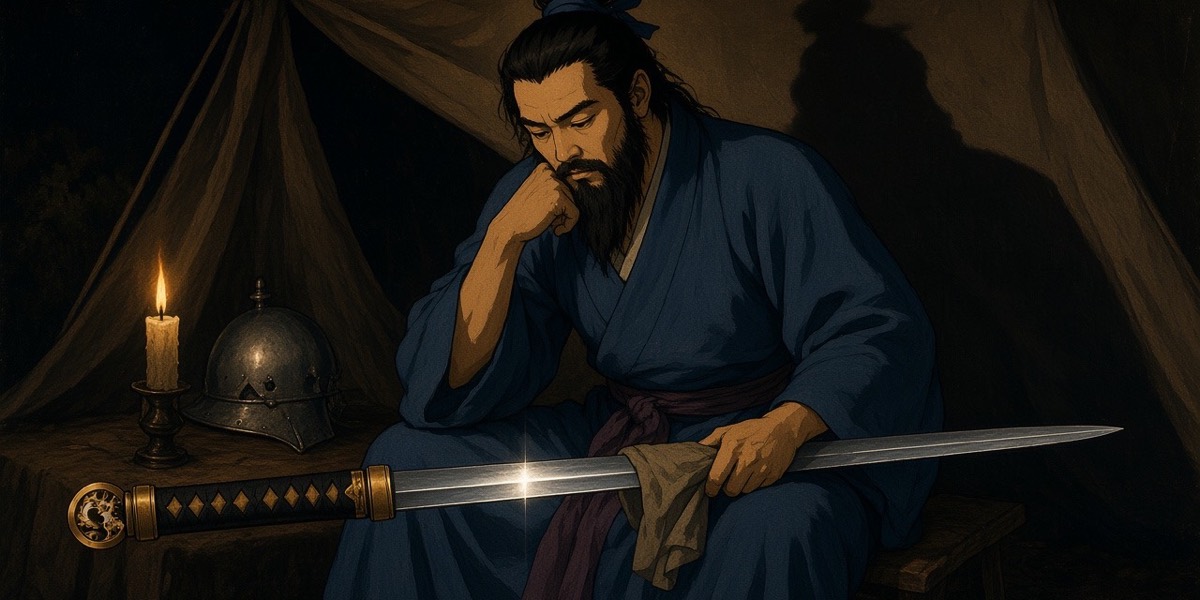 La Tour’s Magdalene: Yushin alone by one candle, sword across his knees, a helm where the skull would be