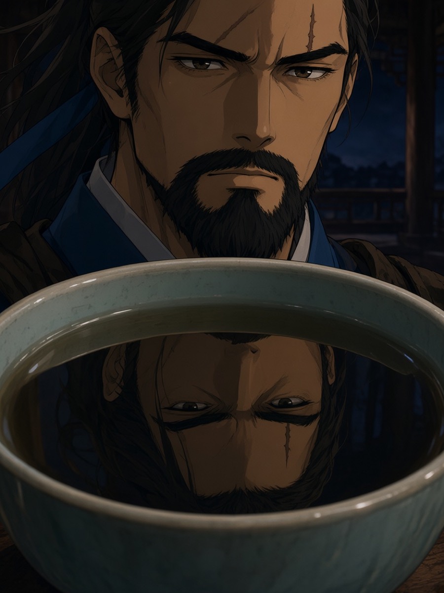 Yushin's face doubled in cold tea — the untouched celadon cup holding the man just told there was no Kim