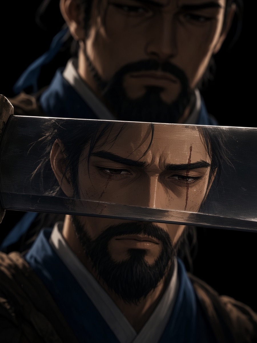 Aftermath: Yushin's face in the wet flat of the wiped blade — the man who gave the order looking back at himself