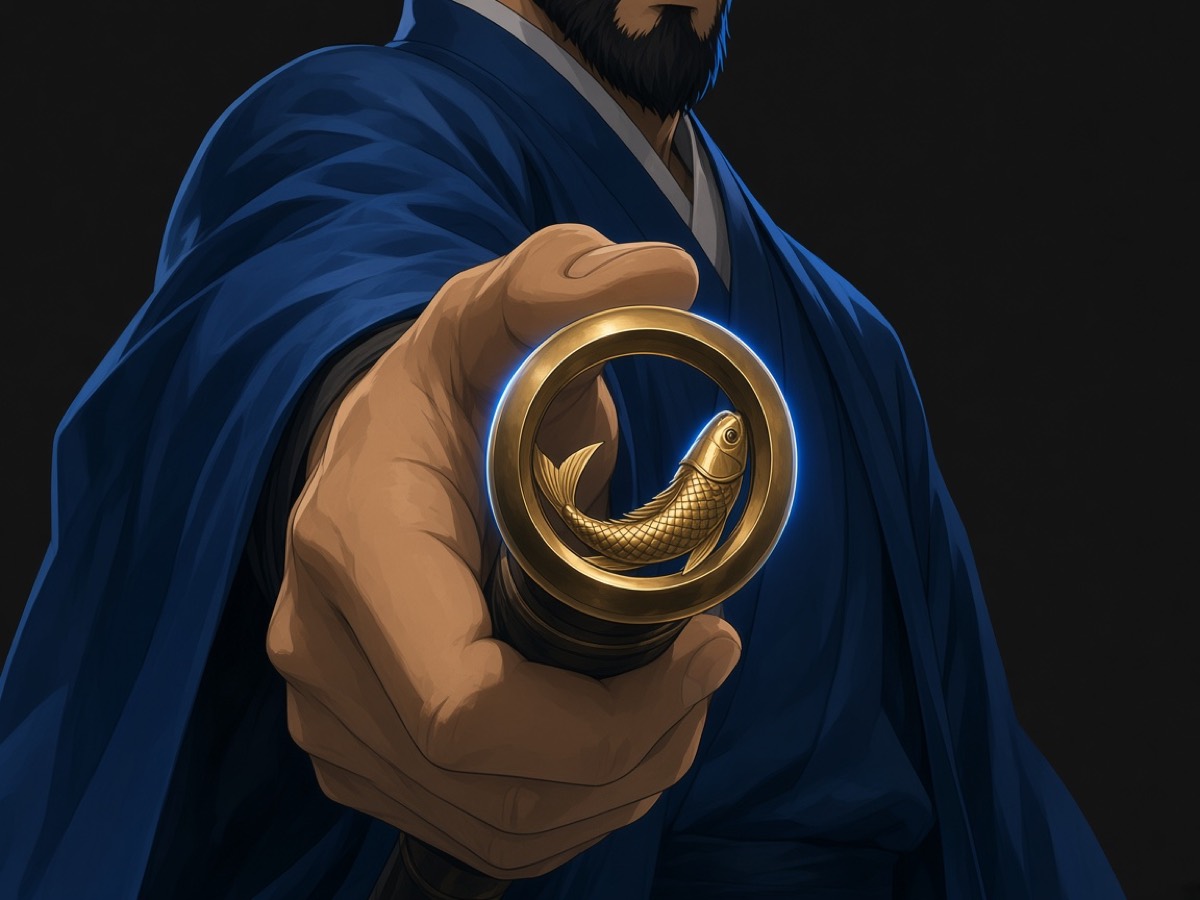 Close: Kim Yushin’s hand filling the frame; Gaya fish-ring pommel readable as a hollow gold circle