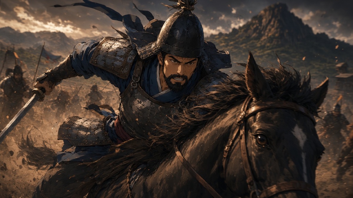 Dutch low gallop: Yushin, steel lamellar, tall Silla helm, Confucian-blue cloth peek