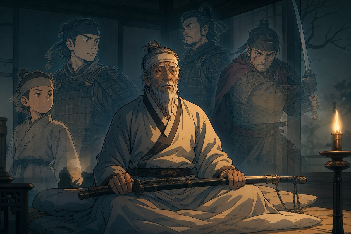 Kim Yushin at seventy-nine — a spare sketch of the marshal who wanted in