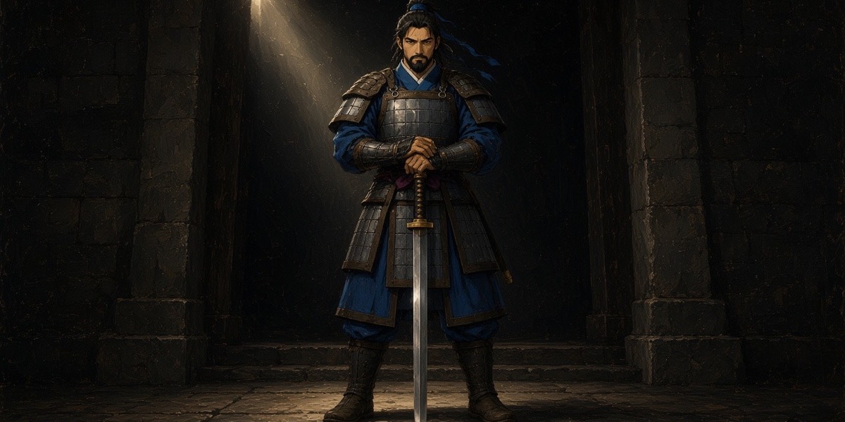 Donatello’s St George: Yushin square in the dark, sword point-down between his boots, both hands stacked on the ring
