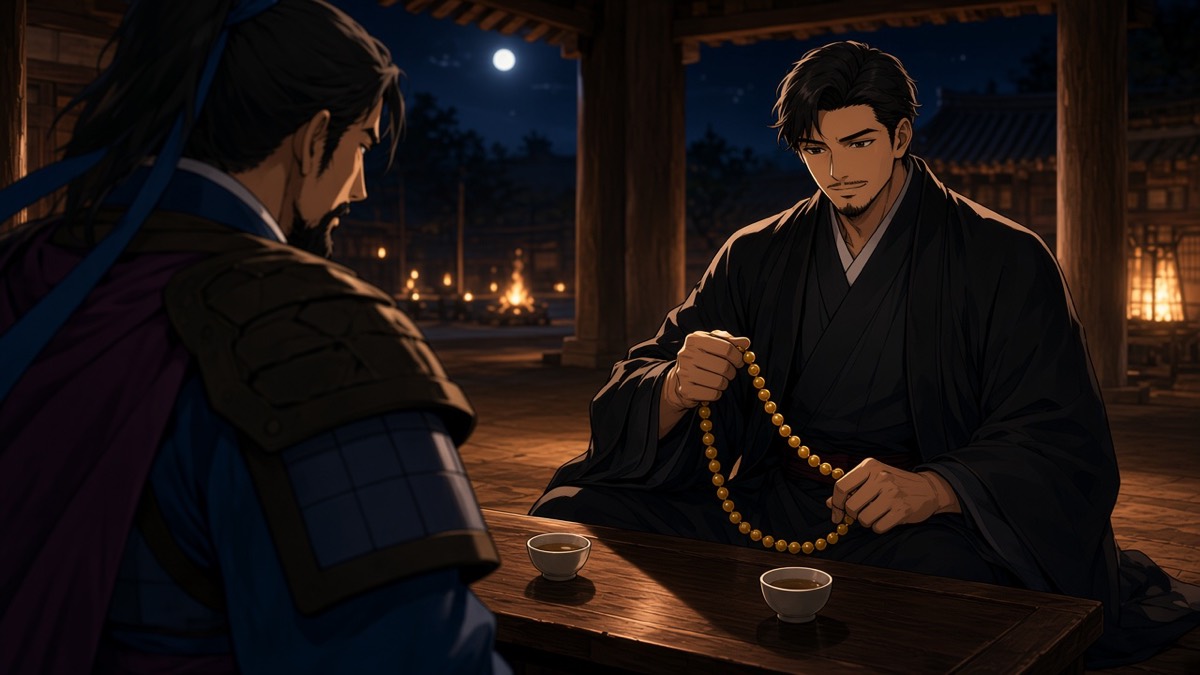 Night pavilion: Yushin leaning in, stalling; Bidam with beads; navy vs Confucian blue