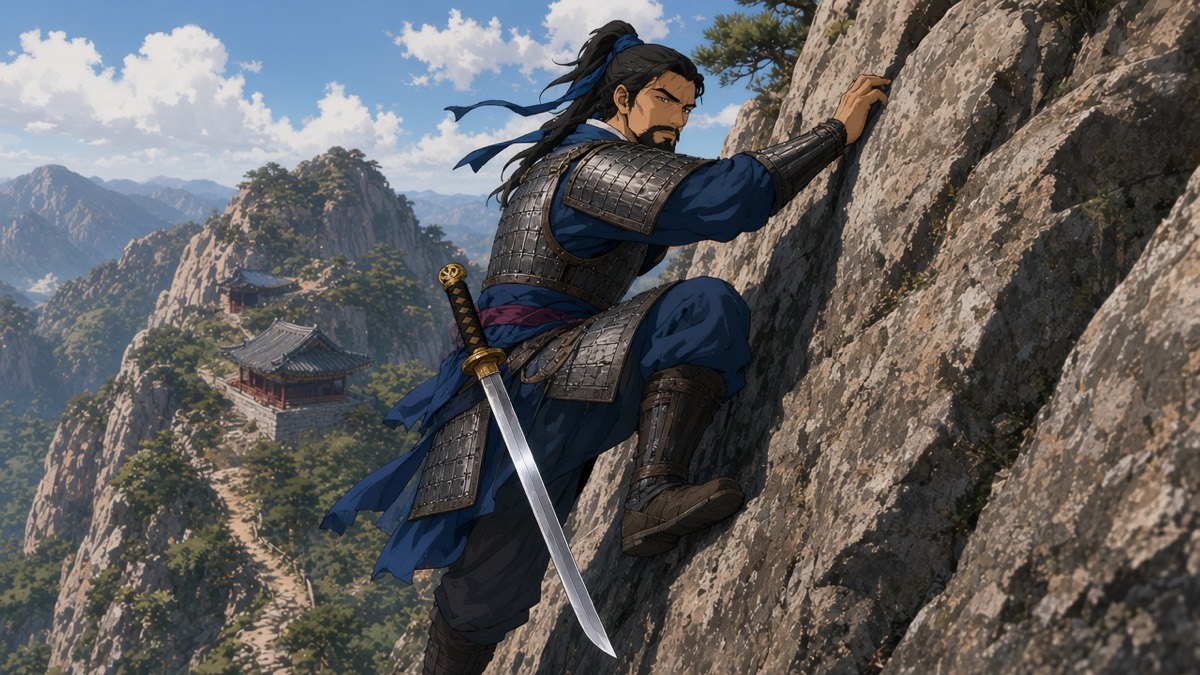 Yushin climbing Tanhyeon, hip-scale 환두대도 hanging at his side — fish-ring pommel at the heel of the fist