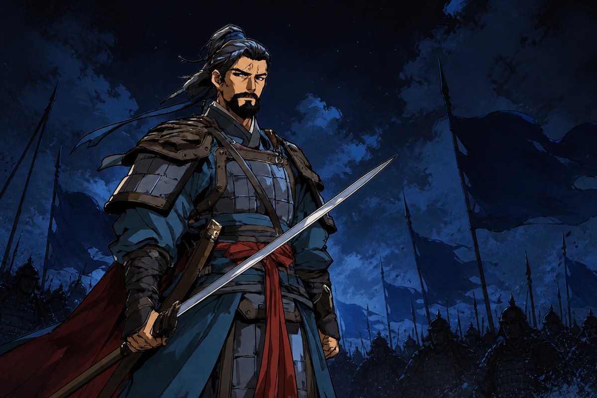 Kim Yushin title card — the Sword of Silla in dark lamellar armor